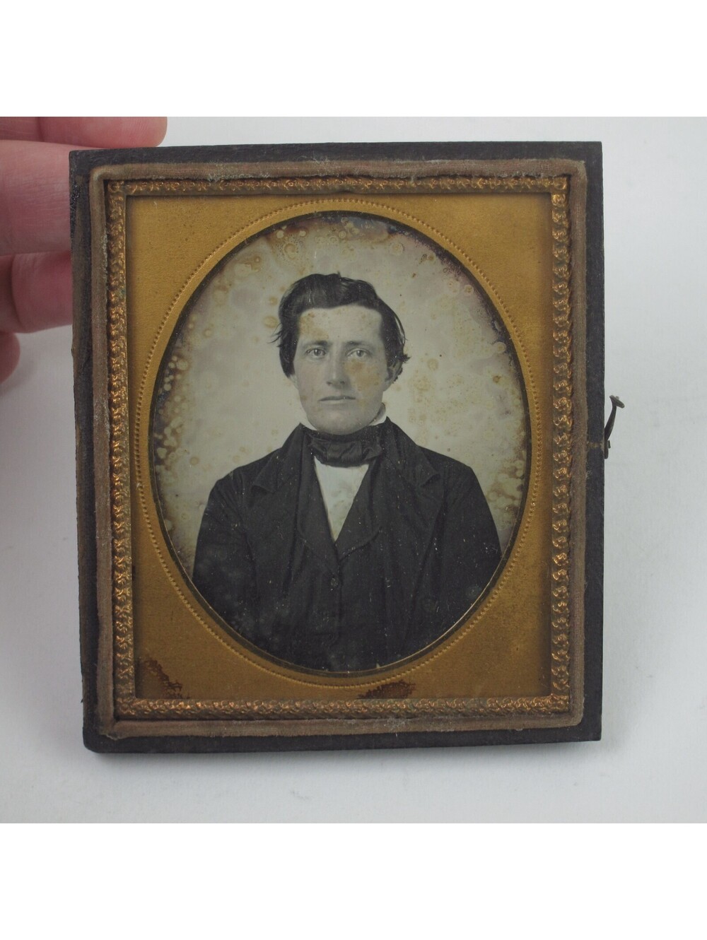 Daguerreotype 1/6 Plate Young Man Tinted Face Black Tie Case Back Antique 1840s